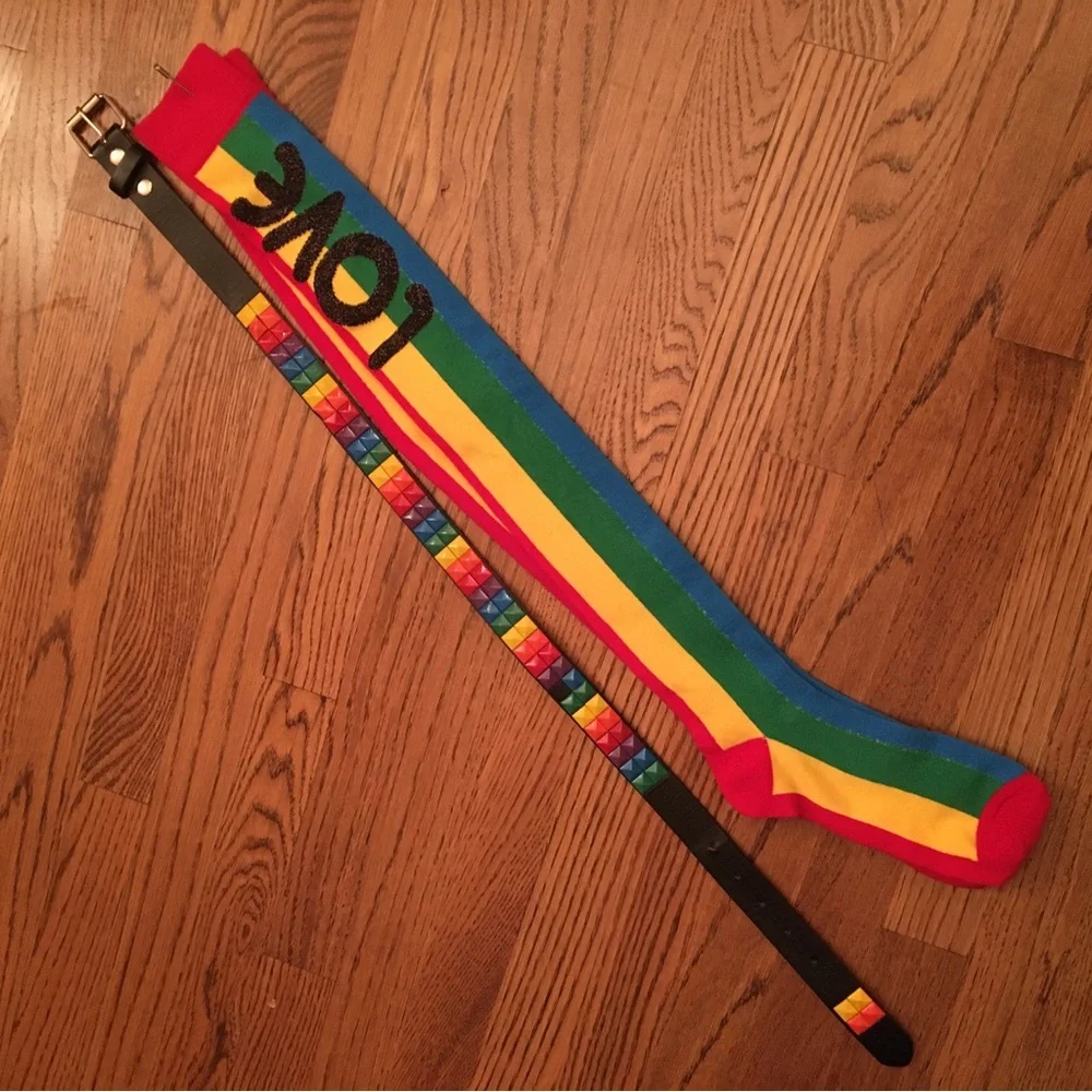 Pride Bundle: Studded Leather Belt and Rainbow Thigh Highs - Picture 1 of 3